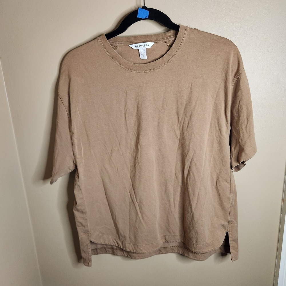 Athleta Womens Relaxed Fit Short Sleeve Crew Neck T-Shirt Tan Brown Size M